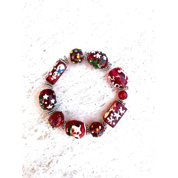 Jewelry - Lamp Work Blown Glass Christmas Santa Snowflakes Snowman Tree Xmas Stretch Brace